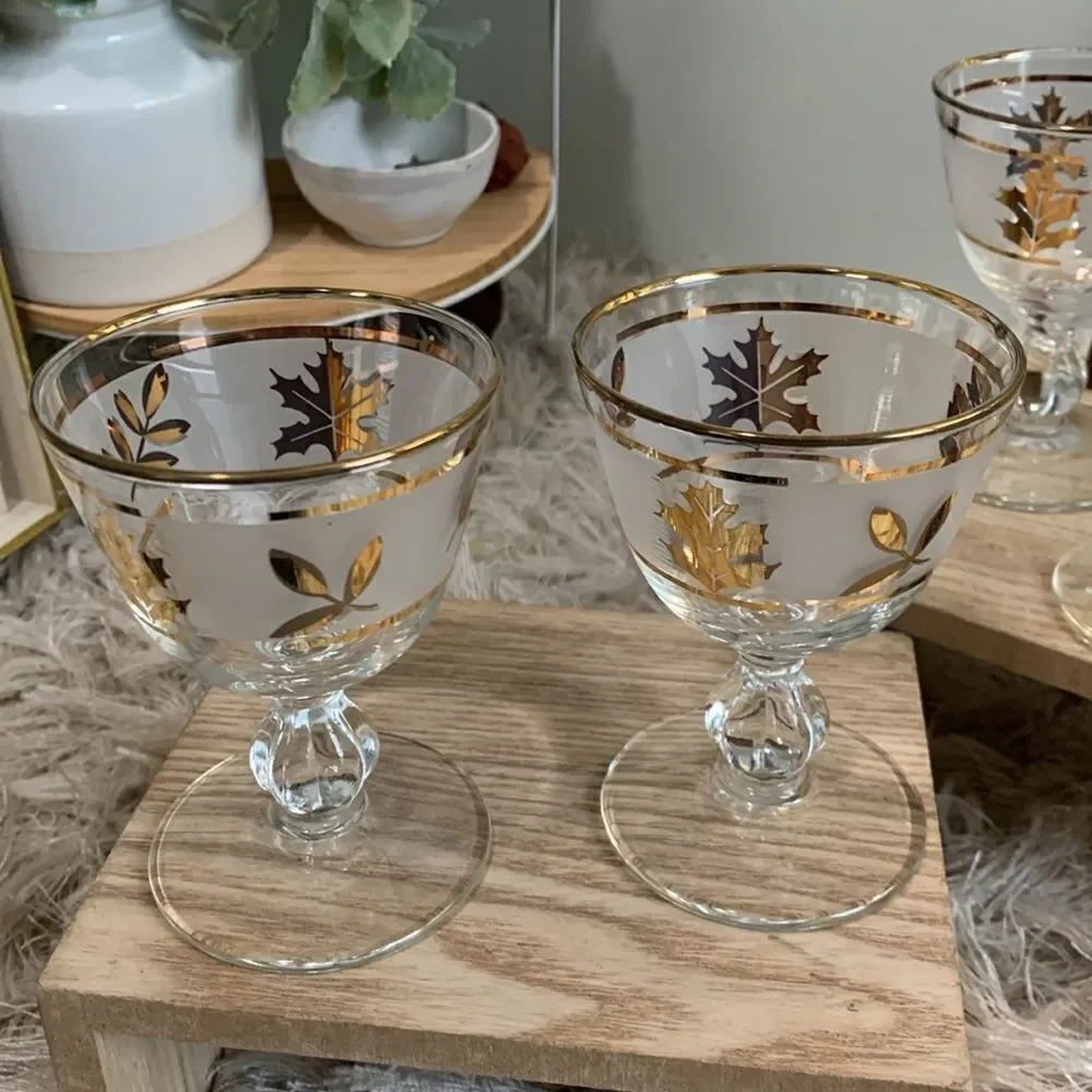 Vintage Golden Foliage‎ Libby 8982 4oz Cocktail Glasses Set Of 6 Made In USA